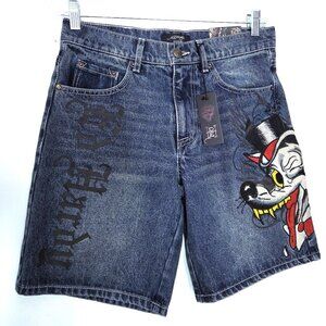 NWT Ed Hardy Skater Fit Wolf Painted & Embroidered Denim Shorts Size 28